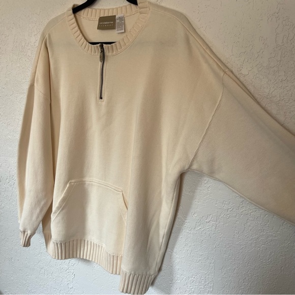 VTG Liz Claiborne Cozy Neutral Ivory Crewneck 1/4 Zip Ribbed Hems XL 100% cotton - Picture 2 of 11